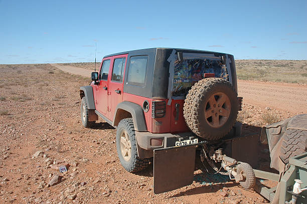 Smashed Jeep back window. Oodnadatta track, South Australian Outback stock photo
