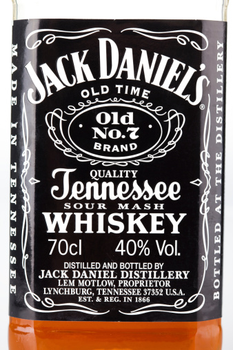 Sofia, Bulgaria - April 7, 2011: Jack Daniels Whiskey label Old brand No.7 Lynchburg TN, USA. Label states the whiskey was made in Tennessee and bottled at the distillery.  studio shot with macro lens