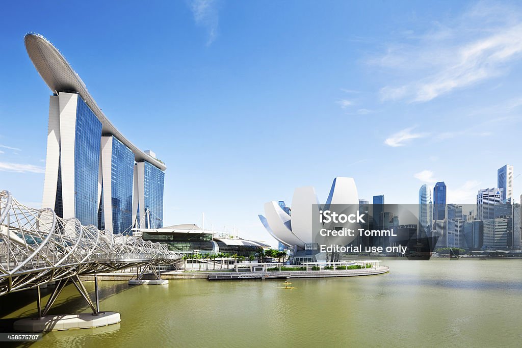 Marina Bay Sands Hotel, Singapore Singapore City, Singapore - June 7, 2011: Marina Bay Sands Hotel, the Art Science Museum and the Double Helix Bridge in Singapore with Singapore Skyline in background. The Marina Bay Sands Hotel developed by Las Vegas Sands, is billed as the worlds most expensive standalone casino property at S$8 billion, including cost of the prime land. Architecture Stock Photo