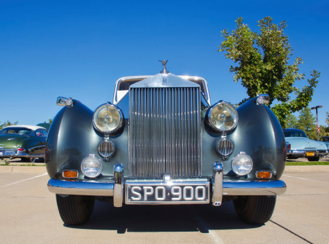 Westlake, Texas, USA - October 19, 2013: A 1955 Rolls Royce Silver Dawn 4Dr Sedan is on display at the 3rd Annual Westlake Classic Car Show. Front view.