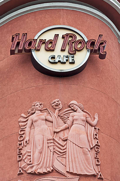 Lisbon, Portugal - December 14, 2011: Neon sign of the Hard Rock Cafe in Lisbon (Portugal). Its located in the Avenida da Liberdade near the square Praca dos Restauradores.