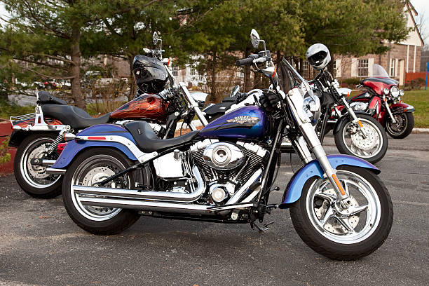 Harley Davidson  motorcycles Warwick New York, USA - November 27, 2011: A group of Harley Davidson motorcycles parked. Warwick a quaint and artsy town is a frequent destination for motorcycle riders and day trippers alike. harley davidson fat boy stock pictures, royalty-free photos & images