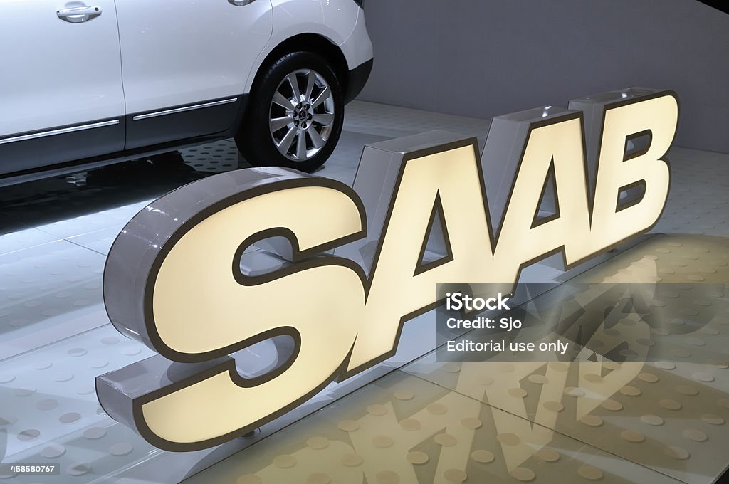 Saab logo Amsterdam, The Netherlands - April 12, 2011: Saab brand name on display during the AutoRAI motorshow taking place between April 12 - 23, 2011 in Amsterdam, The Netherlands. Saab Stock Photo