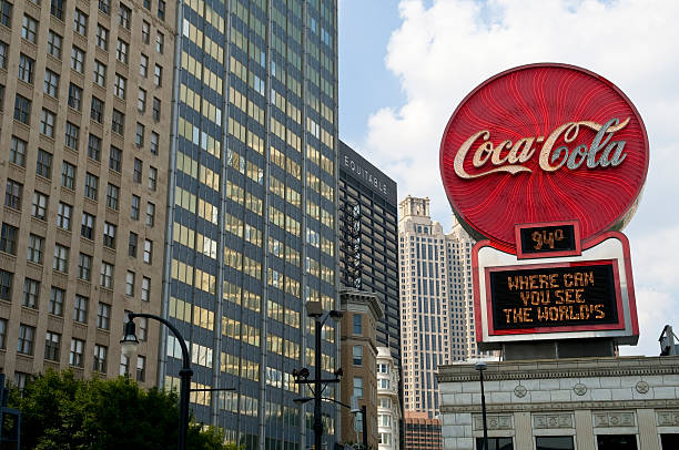 Atlanta, GA, USA - August 3, 2011: Sign for Coca-Cola in downtown Atlanta on Peachtree Street, beside Underground Atlanta, on a hot summer day. The soft drink giant is headquartered in Atlanta.