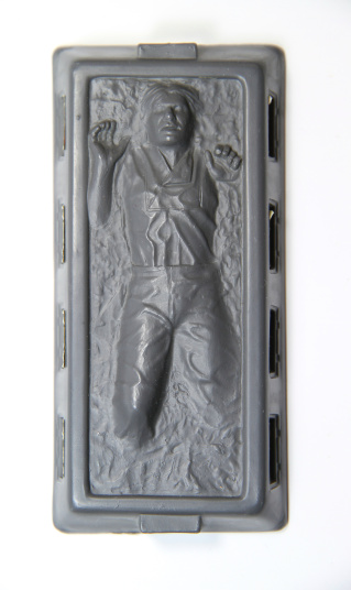Vancouver, Canada - March 29, 2012: Han Solo, frozen in Carbonite, from the Star Wars film franchise. The toy is from Hasbro.