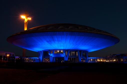 Eindhoven, the Netherlands - March 7, 2011: Night capture of the famous Evoluon building. The Evoluon is a conference centre and former science museum built by the electronics company Philips in Eindhoven, the Netherlands, in 1966.