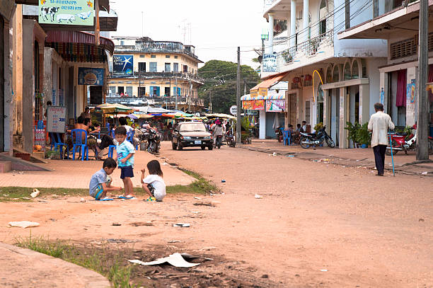 Kratie, Cambodia - October, 11 2006: A street scene in Kratie. Kratie sits on the Mekong River in northeast Cambodia. The small town as seen a recent tourism boom as it is one the best places to see rare Southeast Asian freshwater Irrawaddy dolphins