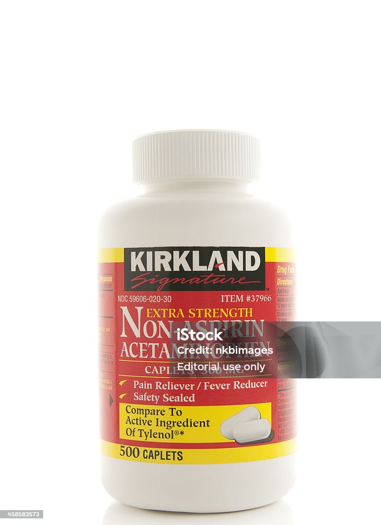 Kirkland (Costco brand) Non-Aspirin Acetaminophen over the counter medicine London, England-March 23, 2011.  Large bottle of 500 caplets of Kirkland brand Non-Aspirin Acetaminophen on a white background.  Kirkland is the store brand for Costco. Costco Wholesale Corporation Stock Photo