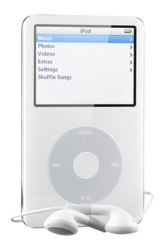 Colorado Springs, Colorado, USA - May 24, 2011: A front view of a white Apple iPod with earphones displaying the home screen. The iPod in this photo is a fifth generation Apple iPod. This model was the first iPod with video playback capabilities.