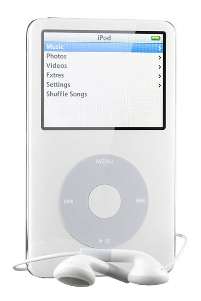 Apple iPod Colorado Springs, Colorado, USA - May 24, 2011: A front view of a white Apple iPod with earphones displaying the home screen. The iPod in this photo is a fifth generation Apple iPod. This model was the first iPod with video playback capabilities. mp3 player stock pictures, royalty-free photos & images