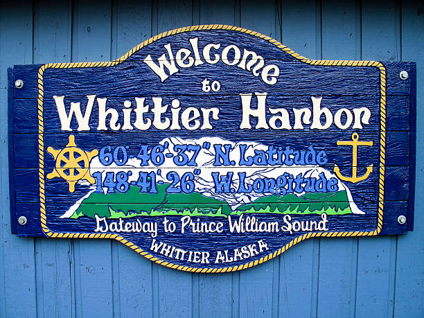 whittier prince william sound alaska sign Whittier, Alaska, USA - August 19, 2009: welcome sign at Whittier Harbor in Prince William Sound. Whittier is a city in the Valdez-Cordova Census Area, in the U.S. state of Alaska. As of 2006, the population was 177.  The city is also a port for the Alaska Marine Highway. prince william sound photos stock pictures, royalty-free photos & images