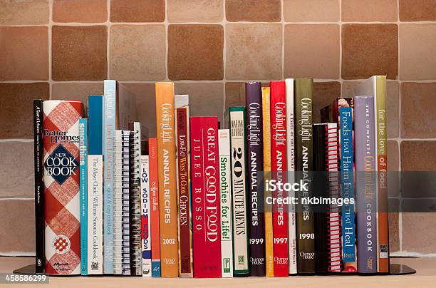 Cookbooks On Kitchen Shelf Stock Photo - Download Image Now - Cookbook, In A Row, Shelf