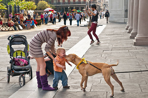 New Orleans, USA - January 21, 2012: Busy activity near St Lous Cathedral as a mother introduces her young toddler to a dog on a leash.   A street performer is juggling hoops and people are milling around the French Quarter.