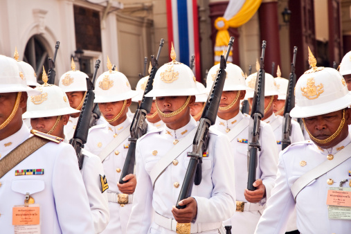 Bangkok, Thailand - January 4, 2010: Parade of the kings Guards, in the Grand Palace, Changing the Guard  in Bangkok, Thailand. The palace has been the official residence of the Kings of Thailand since 1782.