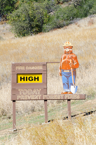 Monterey County, California, USA - October 17, 2011: Smokey Bear dressed as a forest ranger on a US Forest Service Prevent Forest Fire sign. Plack for low, medium, or high fire danger can be changed as needed. Los Padres National Forest, California, USA.