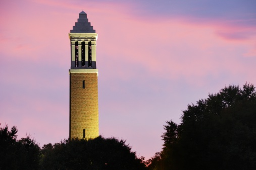 Tuscaloosa, Alabama, USA - November 12, 2008: Illuminated Denny Chimes bell tower on the The University of Alabama campus after a storm. Campus located in Tuscaloosa, Alabama.