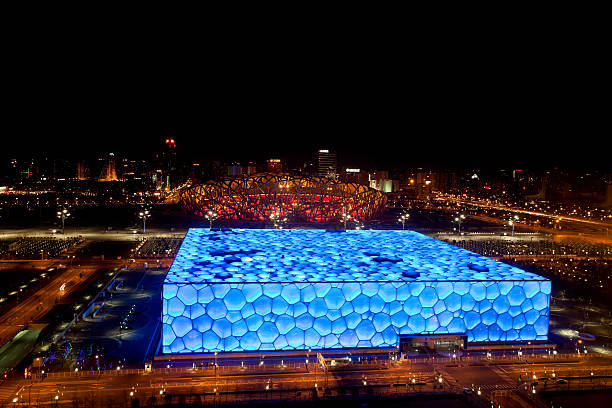 Top view of Beijing Olympic park by night Beijing, China - March 6, 2011: Located on Beijing Olympic Green, the Beijing National Stadium and the Beijing National Aquatics Center were home of the 2008 Beijing Olympics. beijing olympic stadium photos stock pictures, royalty-free photos & images