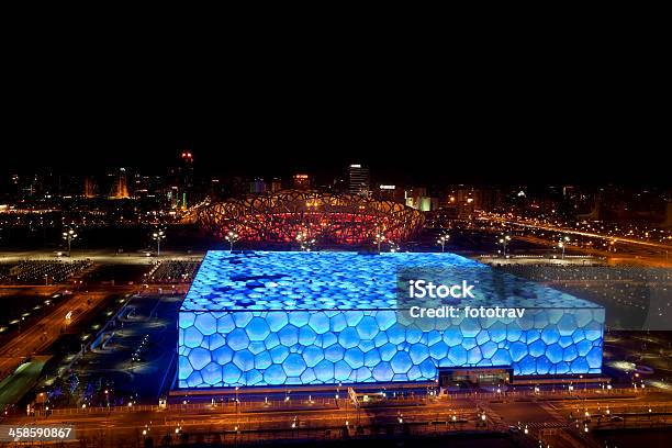 Top View Of Beijing Olympic Park By Night Stock Photo - Download Image Now - Beijing, Beijing National Aquatics Center, Beijing Olympic Stadium