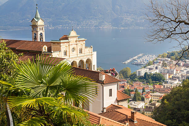 Locarno, Switzerland - September 27, 2013: The Madonna del Sasso is a sanctuary in Orselina above the city of Locarno in Switzerland. It is the principal sight and goal of pilgrimage in the city. Picture shows sanctuary and visitors in fron of building.