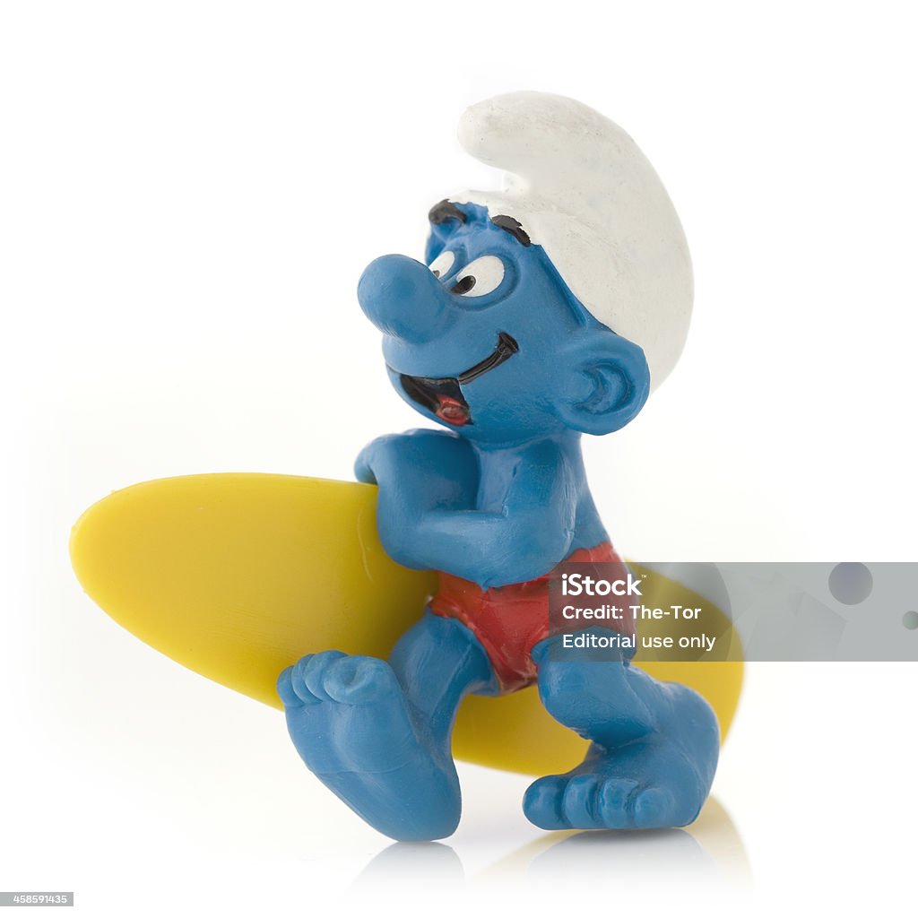 Smurf with surfboard Gothenburg, Sweden - February 12th, 2011: Smurf figure with surfboard. Manufactured by Schleich GmbH. Aquatic Sport Stock Photo