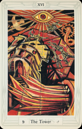 Glasgow, UK - August 10, 2011: Trump card number XVI from Aleister Crowley's Thoth Tarot card deck - The Blasted Tower. Crowley designed the cards which were then painted by Lady Frieda Harris between 1938 and 1943 but not published until 1969. In Crowley's explanation, this card represents ambition, danger, war, ruin and destruction.