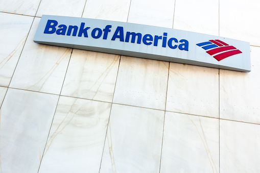 Miami, Florida, USA - March 19, 2011: close up of a Bank of America sign located in Downtown Miami. Bank of America is the largest bank in the United States.