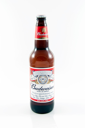 Oxford, England - July 3, 2011: Single bottle of Budweiser beer on white background.