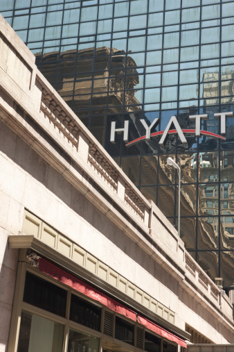 Manhattan, New York, USA - July 9, 2011: The Grand Hyatt hotel on east 42nd street by pershing square. The Hyatt is right next to the famous Grand Central Station.