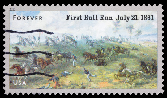 Sacramento, California, USA - May 3, 2011: A 2011 USA postage stamp, issued to commemorate the 150th anniversary of the first Bull Run battle, containing the 1964 painting by Sidney E. King titled The Capture of Ricketts Battery. The 1861 battle of Bull Run (also known as Manassas) was the first major combat of the American Civil War, and Kings painting depicts the fierce fighting that occurred on July 21, 1861 on Henry House Hill between the Union and Confederate armies.