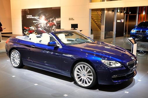 Brussels, Belgium - January 10, 2012: Blue BMW 6-series convertible on display during the 2012 Brussels motor show.