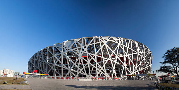 Panoramic view of the Beijing National Stadium, China Beijing, China – January, 4, 2012: The Beijing National Stadium, also known as the Bird\'s Nest in winter. beijing olympic stadium photos stock pictures, royalty-free photos & images