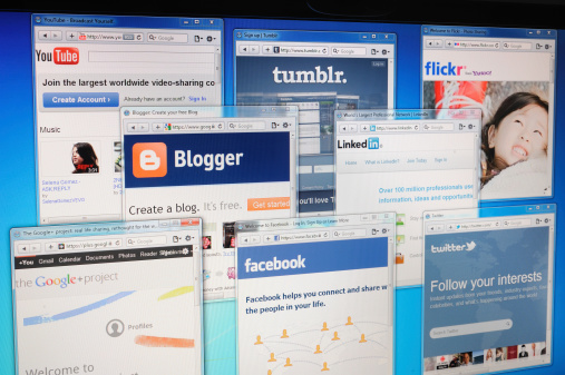 Astanbul, Turkey - July 22, 2011: Social media web sites on computer screen including Facebook, Twitter, Youtube, Linkedin, Blogger, Tumblr and Google Plus engine. Social media sites are the most visited web sites in the world.