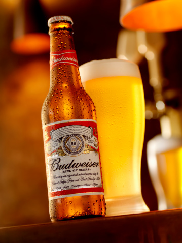 Calgary, Canada - April 5, 2011: A 12oz, American Bottle and Glass of Budweiser Beer shot in a Bar Setting, Budweiser is made by the Anheuser-Busch Company.