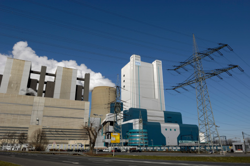 Bergheim, Germany - March 7, 2011: The brown-coal burning power plant Niederaussem of the RWE Power AG. It has 9 blocks which were brought into service between 1963 and 2003. RWE Power AG is one of the leading energy production and generation companies in Germany.