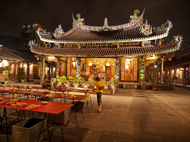 Taipei, Taiwan - October 13, 2008: Interior courtyard of the Dalongdong Baoan Temple in Taipei at Night time, Taiwan. A woman can be seen putting alms onto one of the tables.