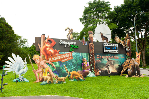 Mandai, Singapore - June 18, 2011: Signage of Singapore Zoo and Nigh Safari elected at the Junction of Mandai Road and Mandai Lake Road, Showing the direction to the Singapore Zoo and Night Safari.