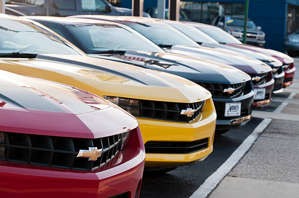 Row of new Chevrolet Camaro cars on display stock photo