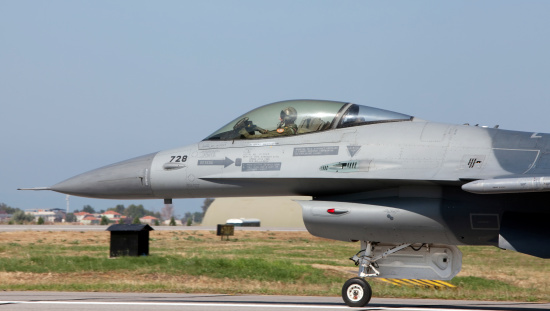 Arrecife, Spain – September 25, 2014: Spanish Air Force F-18 Hornet fighter jets on final for landing in Arrecife
