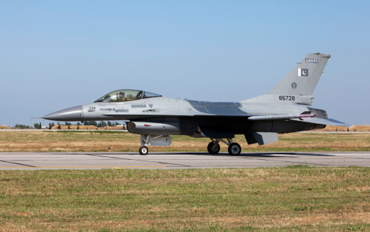 Beja, Portugal: starboard view of a parked General Dynamics F-16A Fighting Falcon of the Begian Air Force, or more precisely the 'Belgian Air Component' (Dutch: Luchtcomponent, French: Composante air) - Beja Airport serves both civil and military aviation.