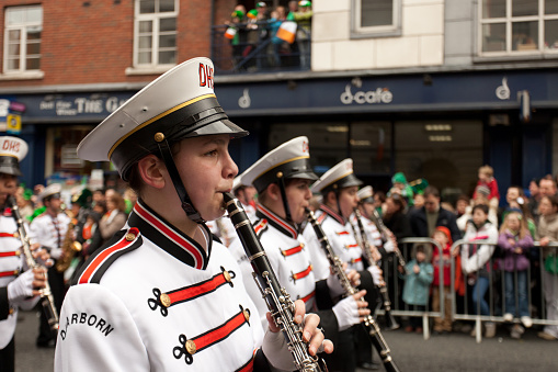 Dublin, Ireland - March 17, 2011: Close up of a band playing at the Dublin St Patricks day parade on Dame street.