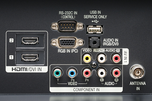 Bangkok, Thailand - July 19, 2011: Ports on LG LD330 LCD television. Studio shot with tilt & shift lens, image focus on HDMI ports.