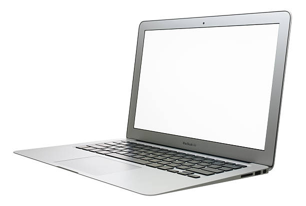 macbook air mit einem leeren bildschirm - apple macintosh laptop computer isolated stock-fotos und bilder