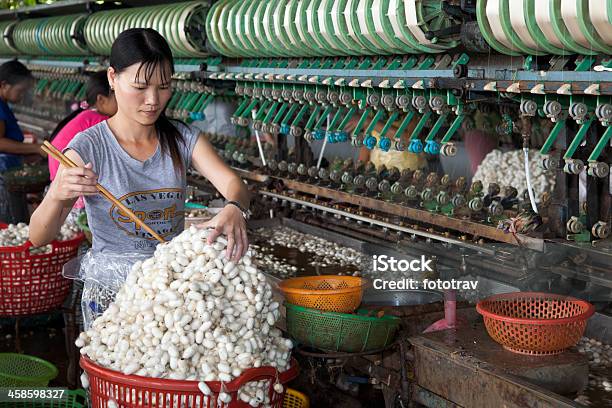 Vietnamita Mulher A Trabalhar Em Fábrica De Seda Dalat Vietname - Fotografias de stock e mais imagens de Bicho-da-seda - Lagarta