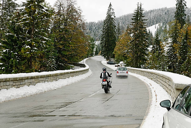 Motorcycle riders in the winter stock photo