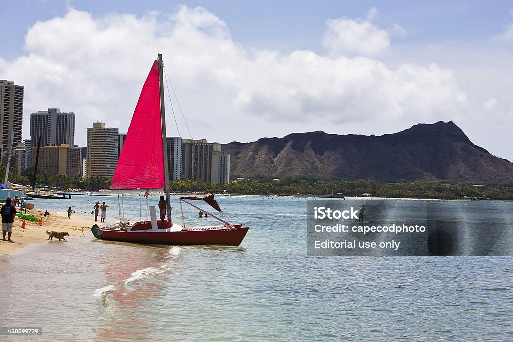 Red Łódź żaglowa na Waikiki Beach - Zbiór zdjęć royalty-free (Budynek z zewnątrz)