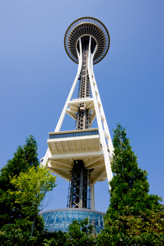 Seattle,USA - Sept, 10th 2008: Famous Space Needle Tower under blue summer sky.