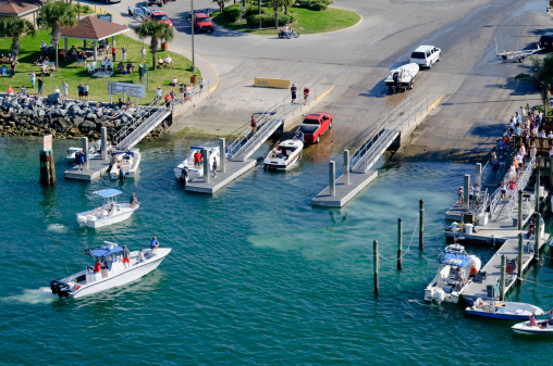 Port Canaveral, FL - March 19, 2011: High angle view of the boat ramp at Freddie Patrick Park in Port Canaveral, where fishing and other recreational boats are launched.
