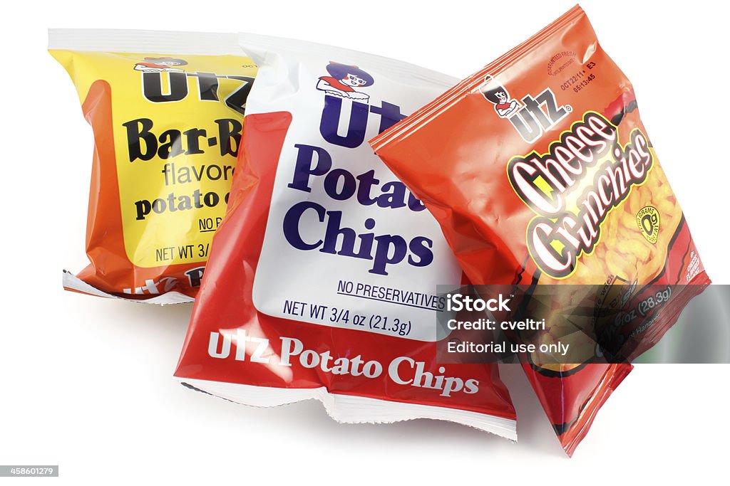 Utz lanches/Bar-B-Q, simples e pedaços de queijo e batata Chips - Foto de stock de Bolsa - Objeto manufaturado royalty-free