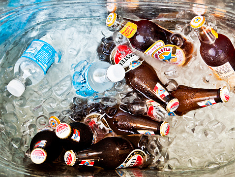 Atlanta, USA - June 5, 2008: Party tub of ice filled with Amstel Light and New Castle beer and also water bottles.