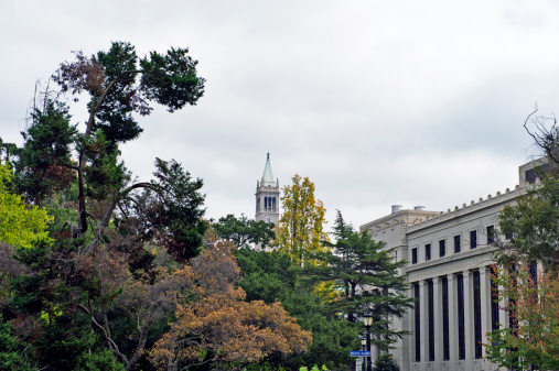 Berkeley, California - October 16, 2011: This view of Berkeley University shows the Sather Tower and one of the University Buildings in Fall on the Campus Grounds.